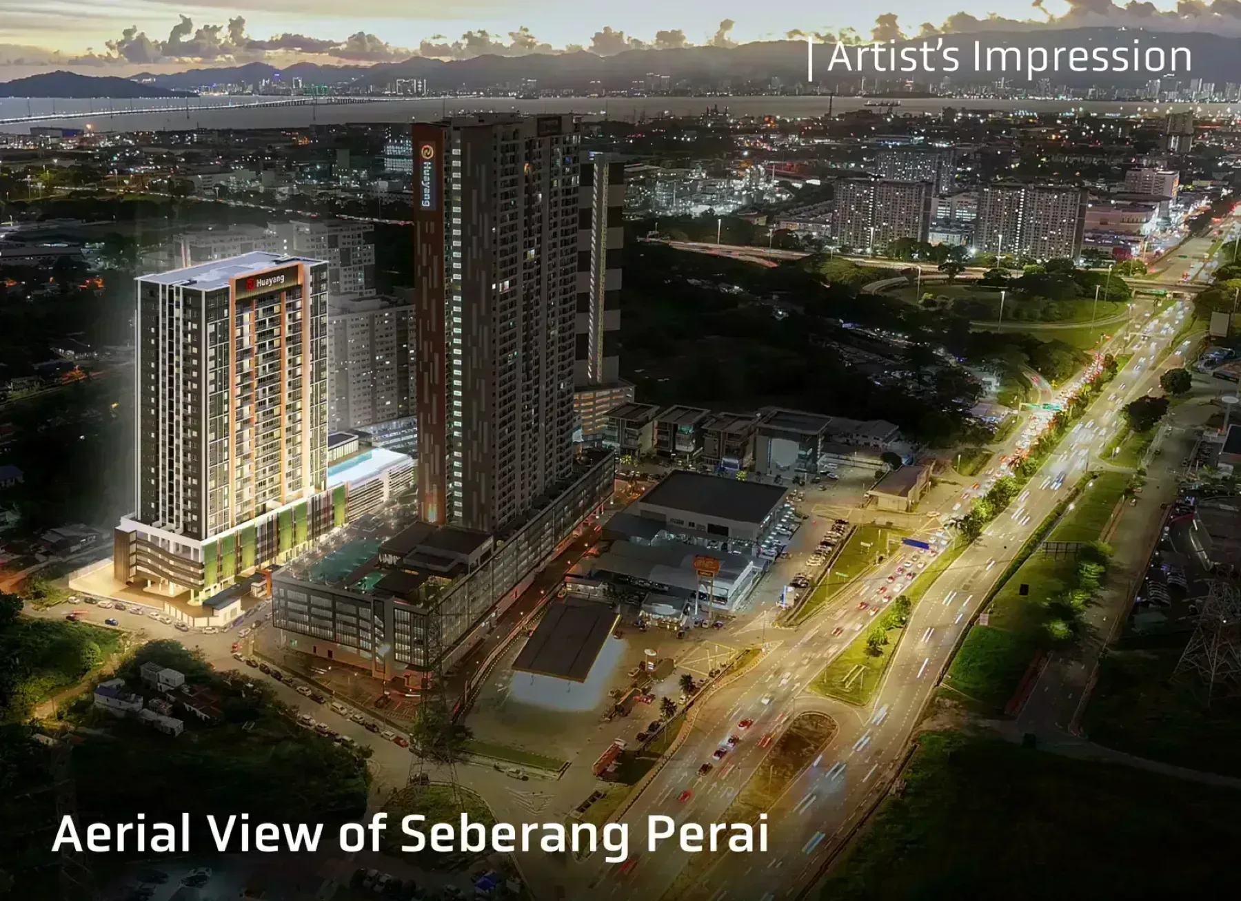 Aerial view of Altus Residency over Seberang Perai with the Penang Bridge beyond