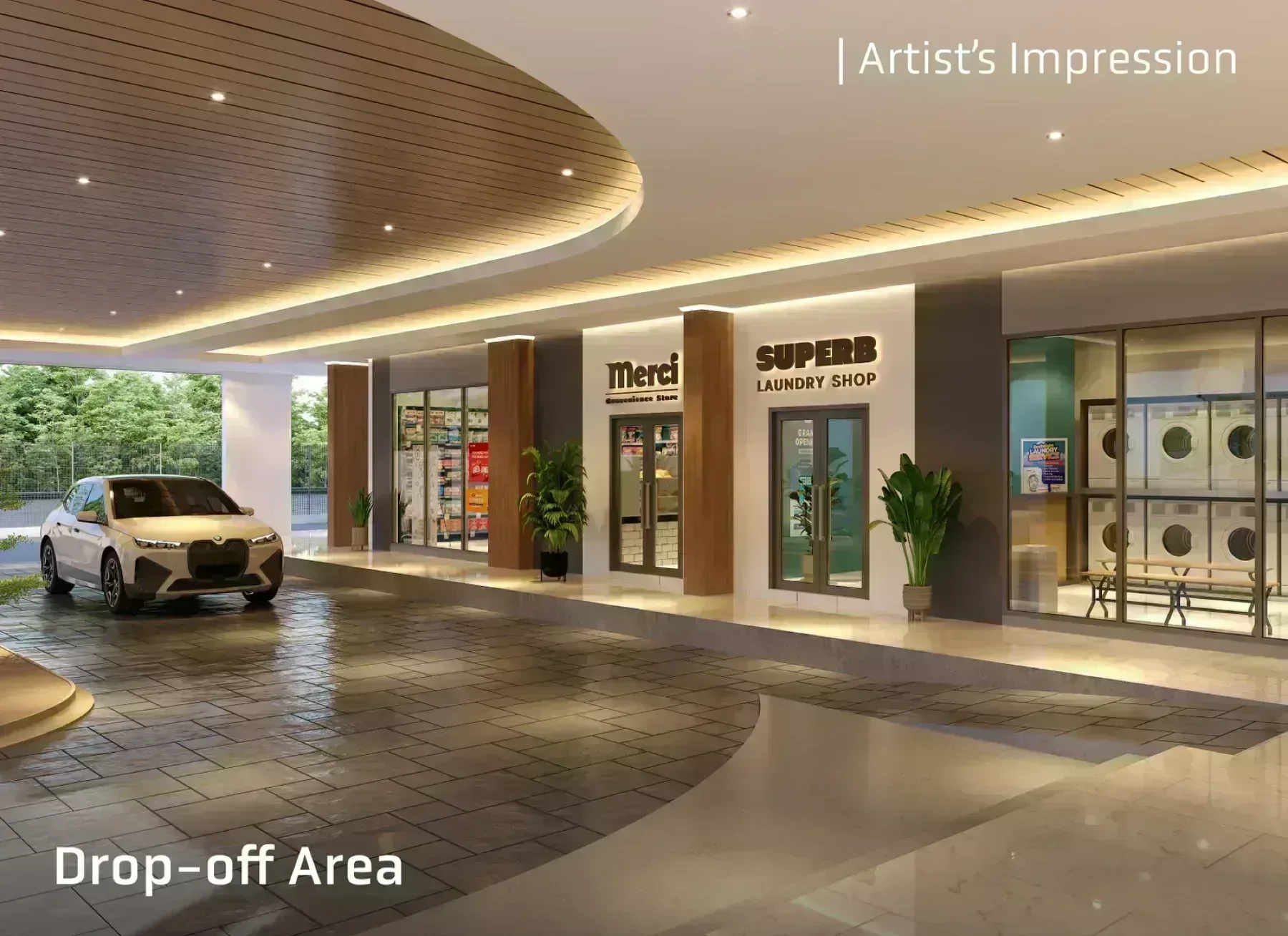 Altus Residency covered drop-off area with convenience store and laundry shop