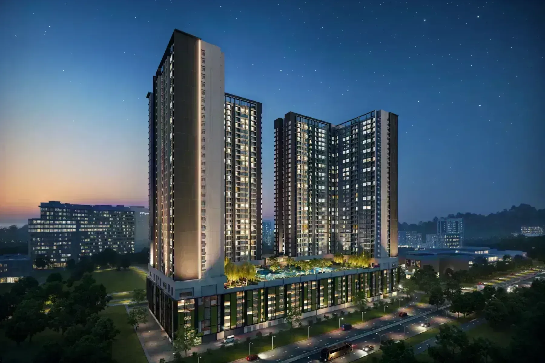 Calia Residence twin towers at night, Johor Bahru city area