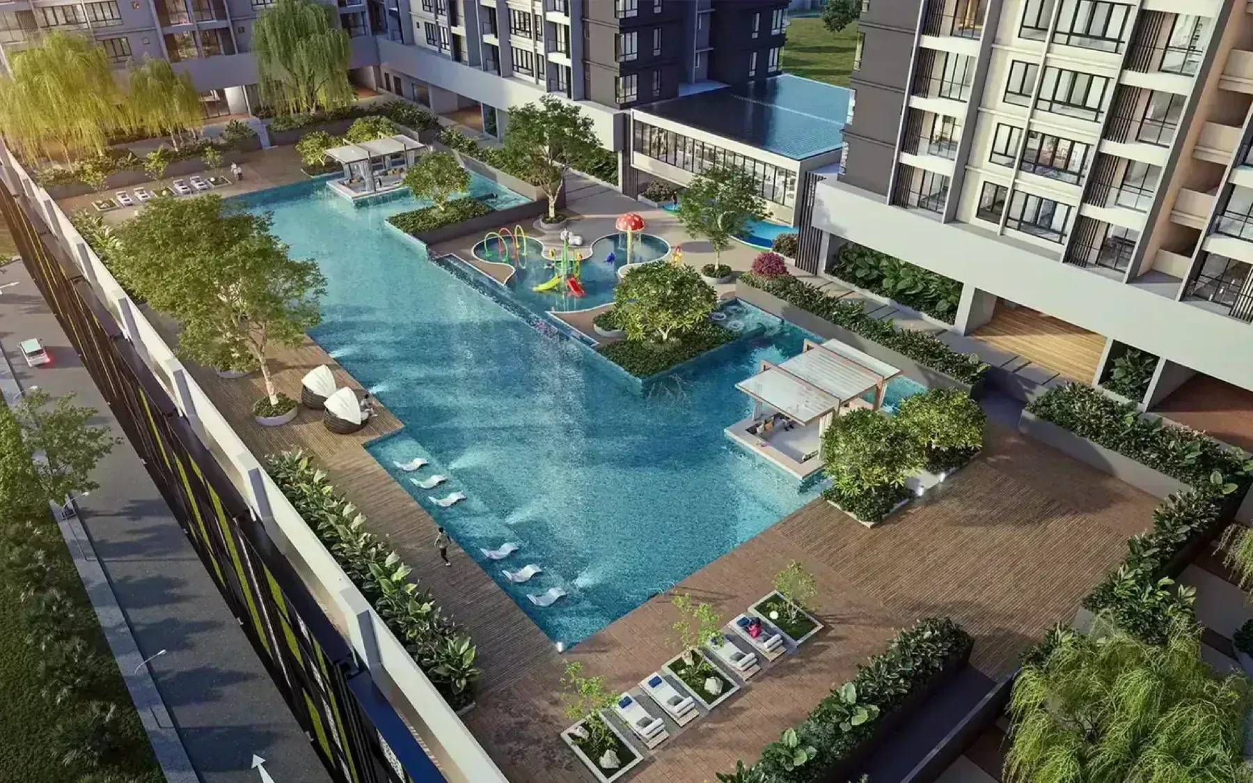 Calia Residence facilities podium seen from above, with kids fun pool and poolside terrace