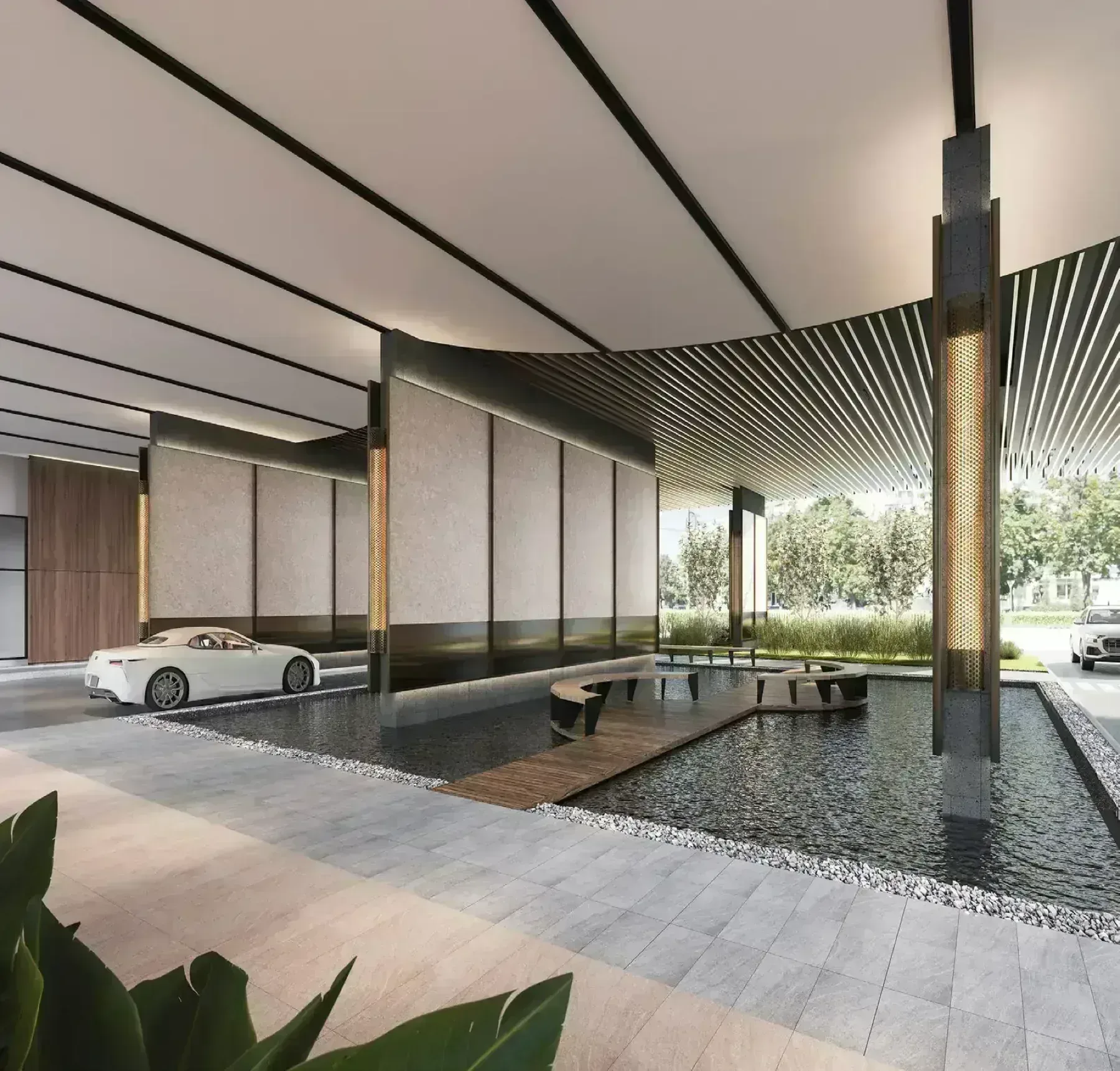Crown Penang covered arrival court with reflecting water feature