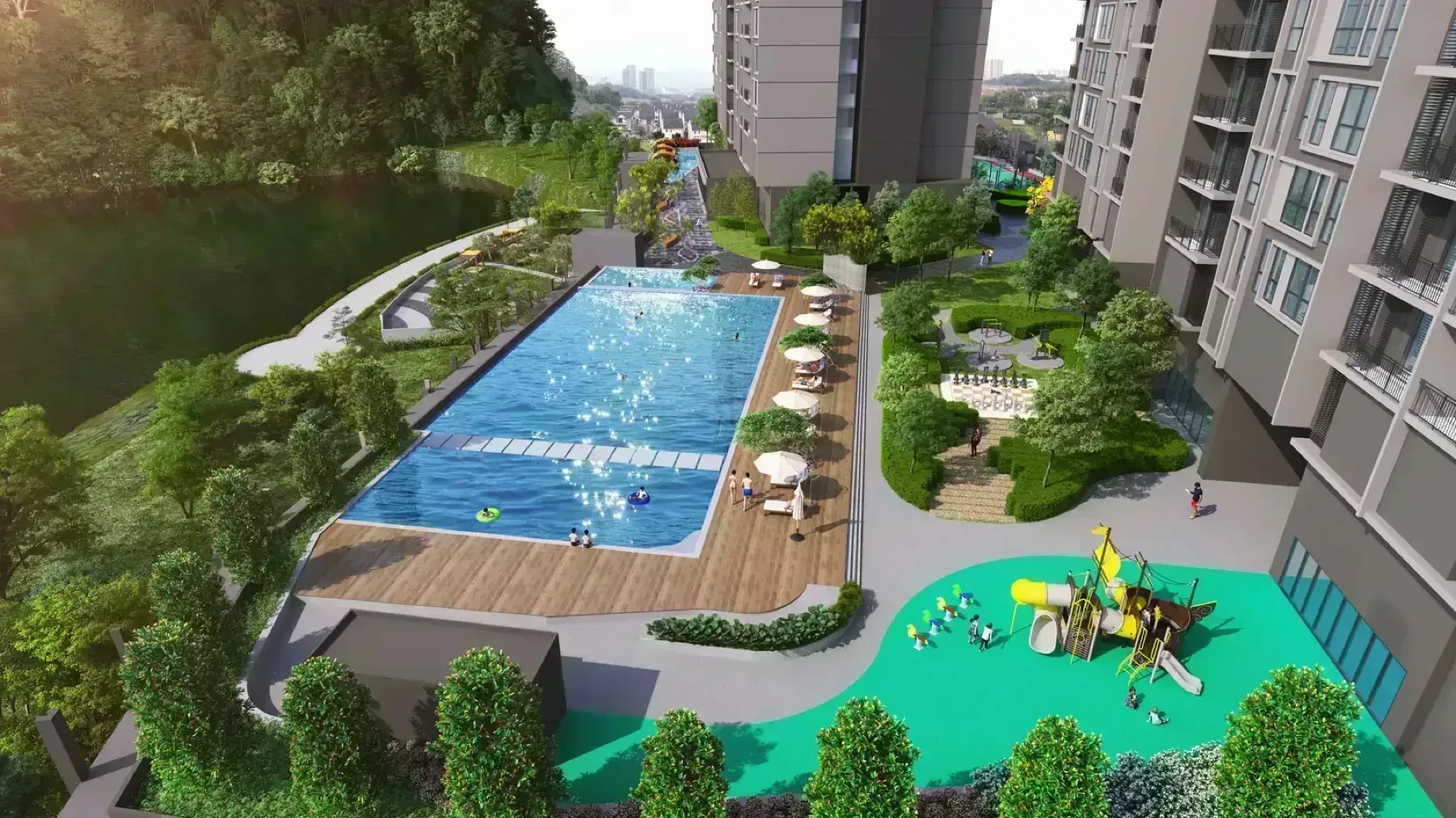 ForestHill Residences facade with pool deck and lake