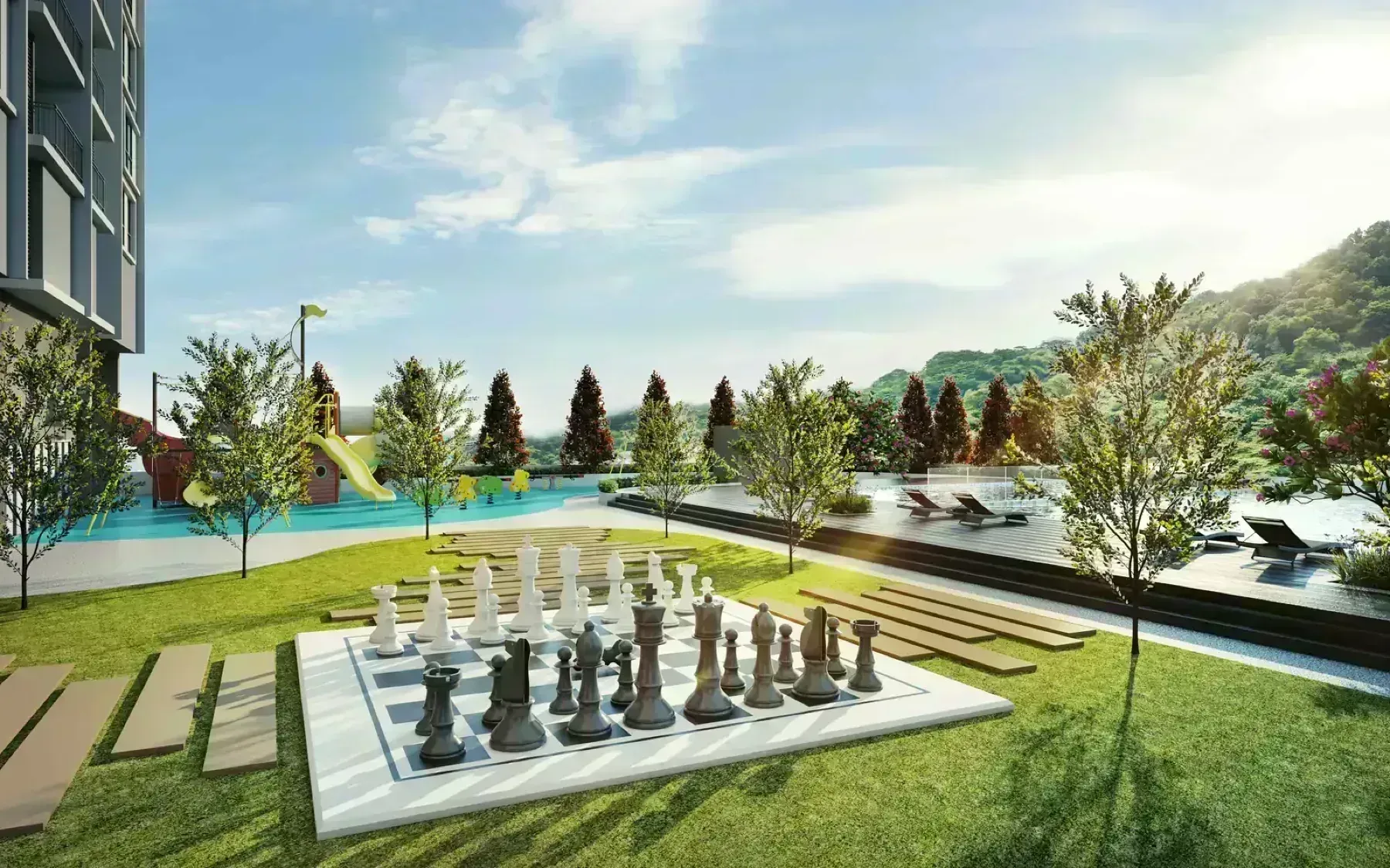 ForestHill Residences playground with lake and hill view