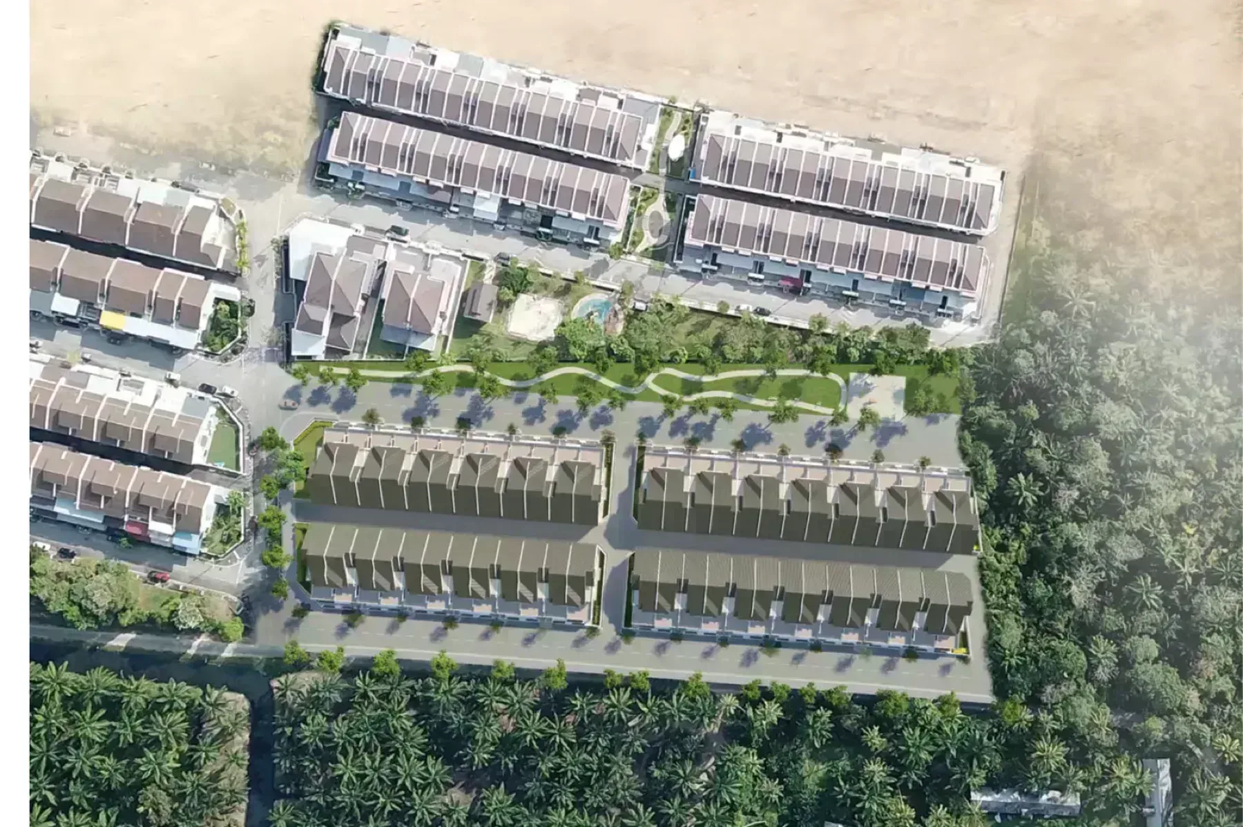 Frieden Bukit Minyak aerial view of the 52-home estate and central garden