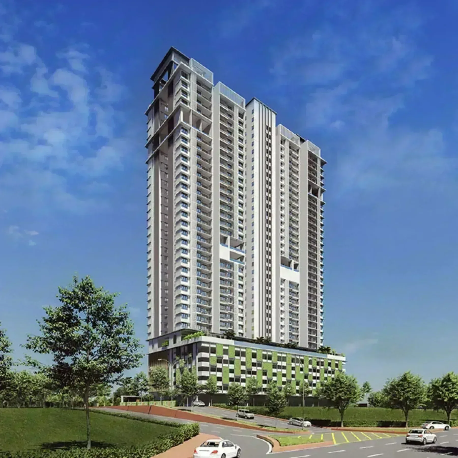 Goodwood Residence Penang tower elevation showing the green podium and 35 residential floors