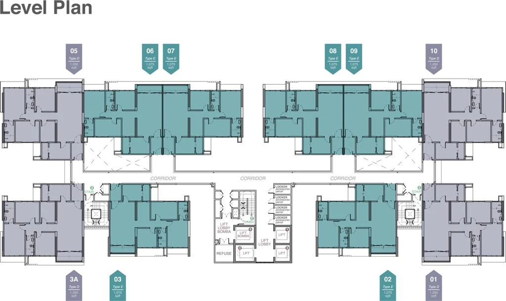 Goodwood Residence typical level plan showing ten units per floor, four Type D and six Type E