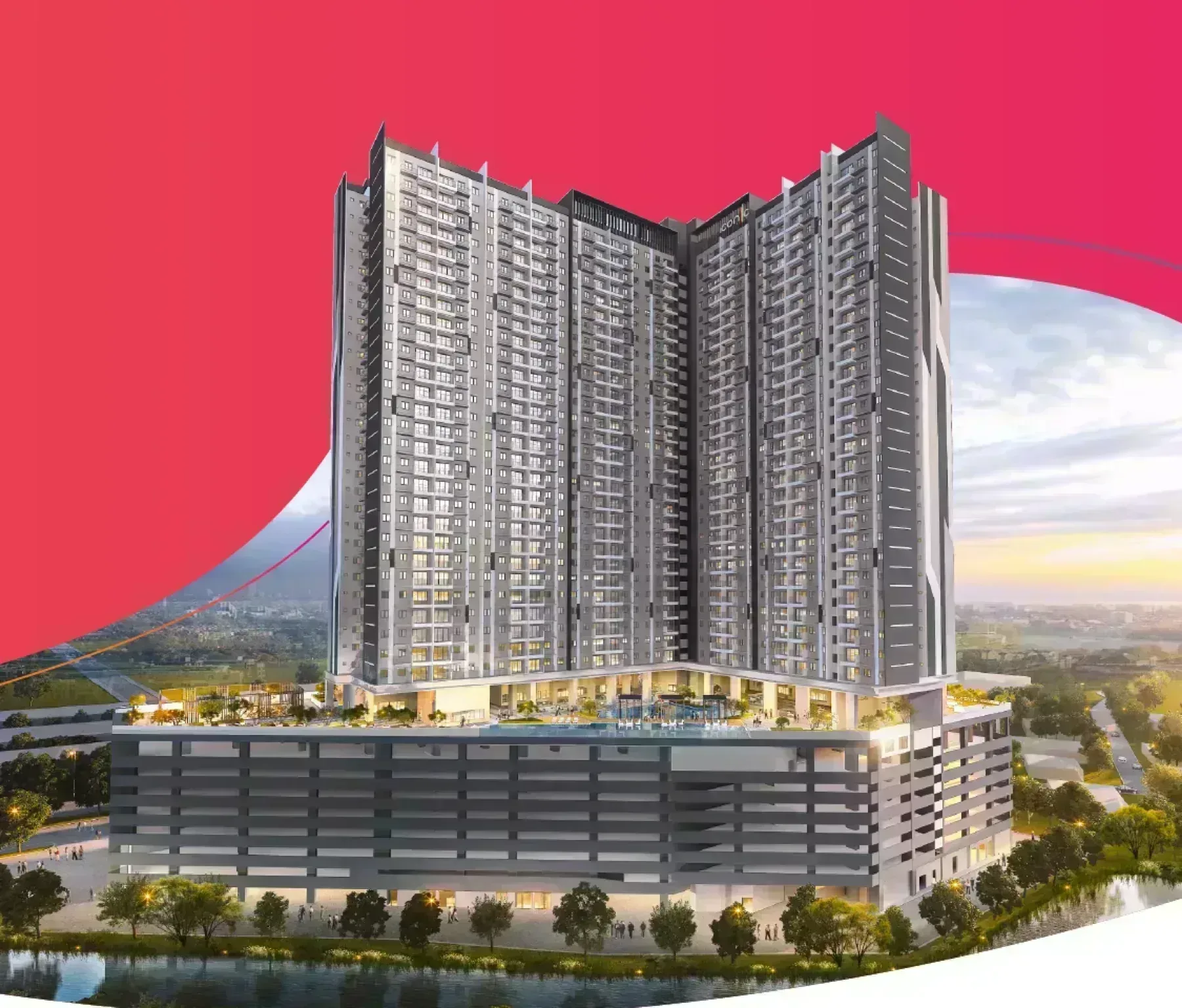 Iconic Harmony aerial artist impression showing the tower above the seven-level car park podium