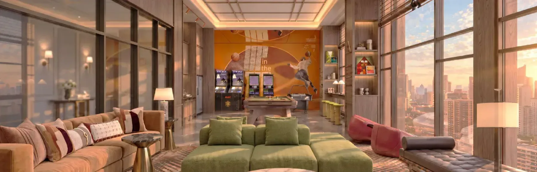 MABA Suitez Tower B games lounge on Level 47 with sofas and arcade machines, artist's impression