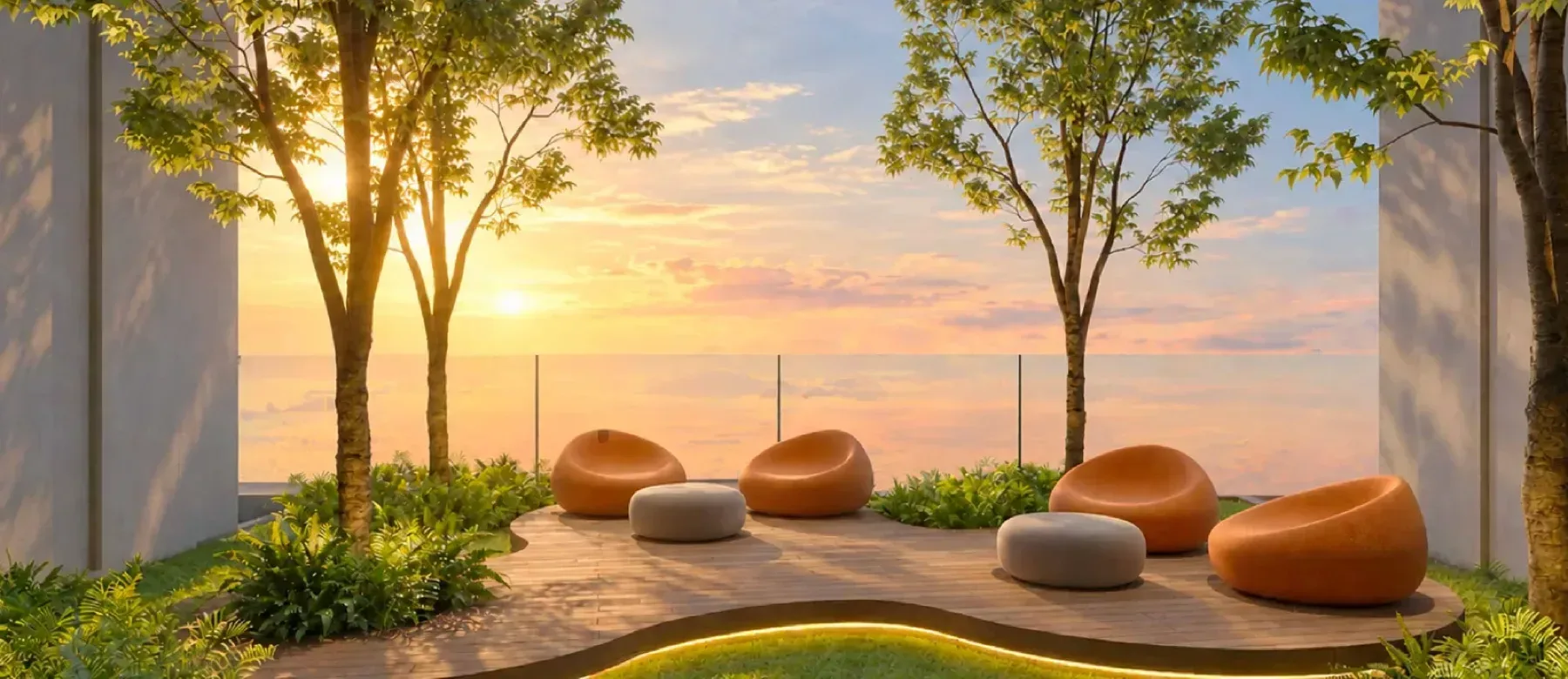 MABA Suitez garden alcoves with pod seats on a timber deck under trees, Level 6 podium, artist's impression