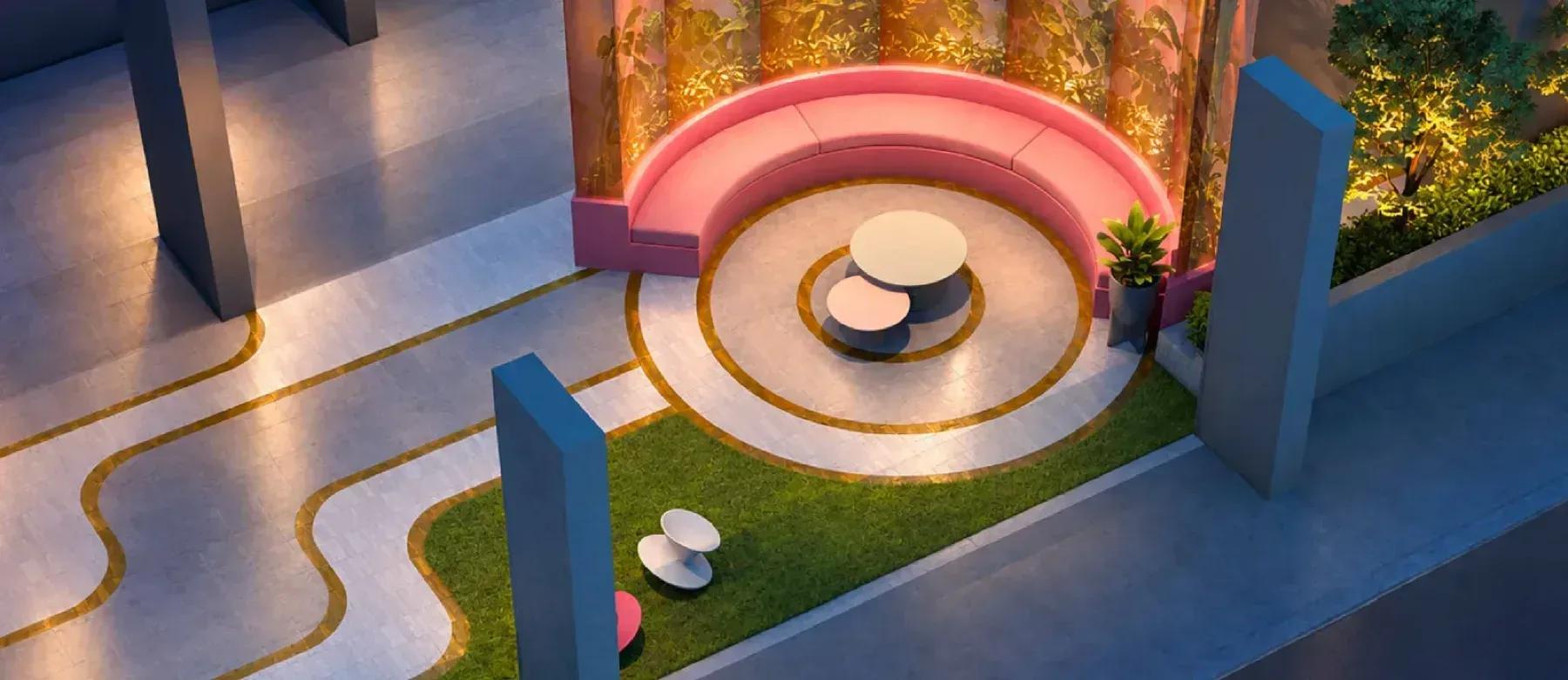 MABA Suitez Tower B garden lounge on Level 47 with a curved pink bench and lawn path, artist's impression