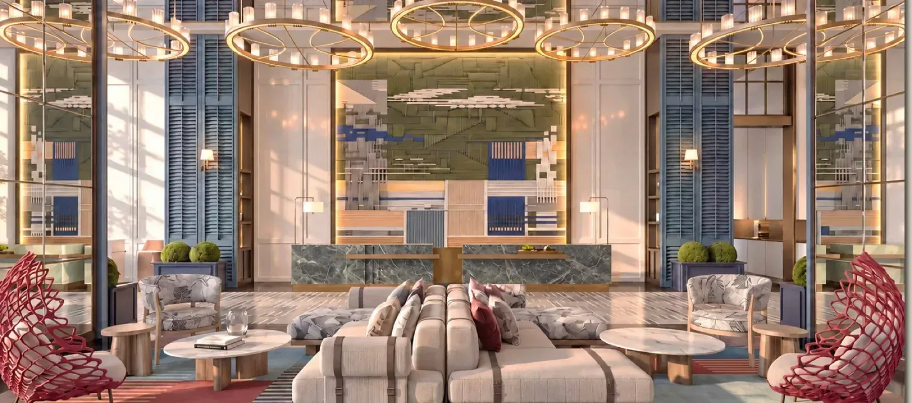 MABA Suitez grand lobby lounge with sofas facing the reception wall, artist's impression