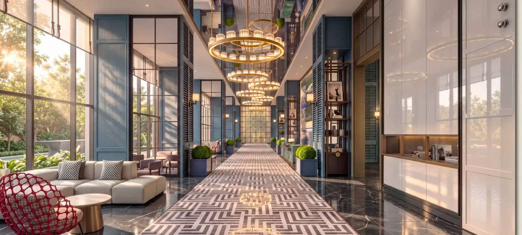 MABA Suitez ground-floor grand lobby, a long hall with patterned marble floor and ring chandeliers, artist's impression