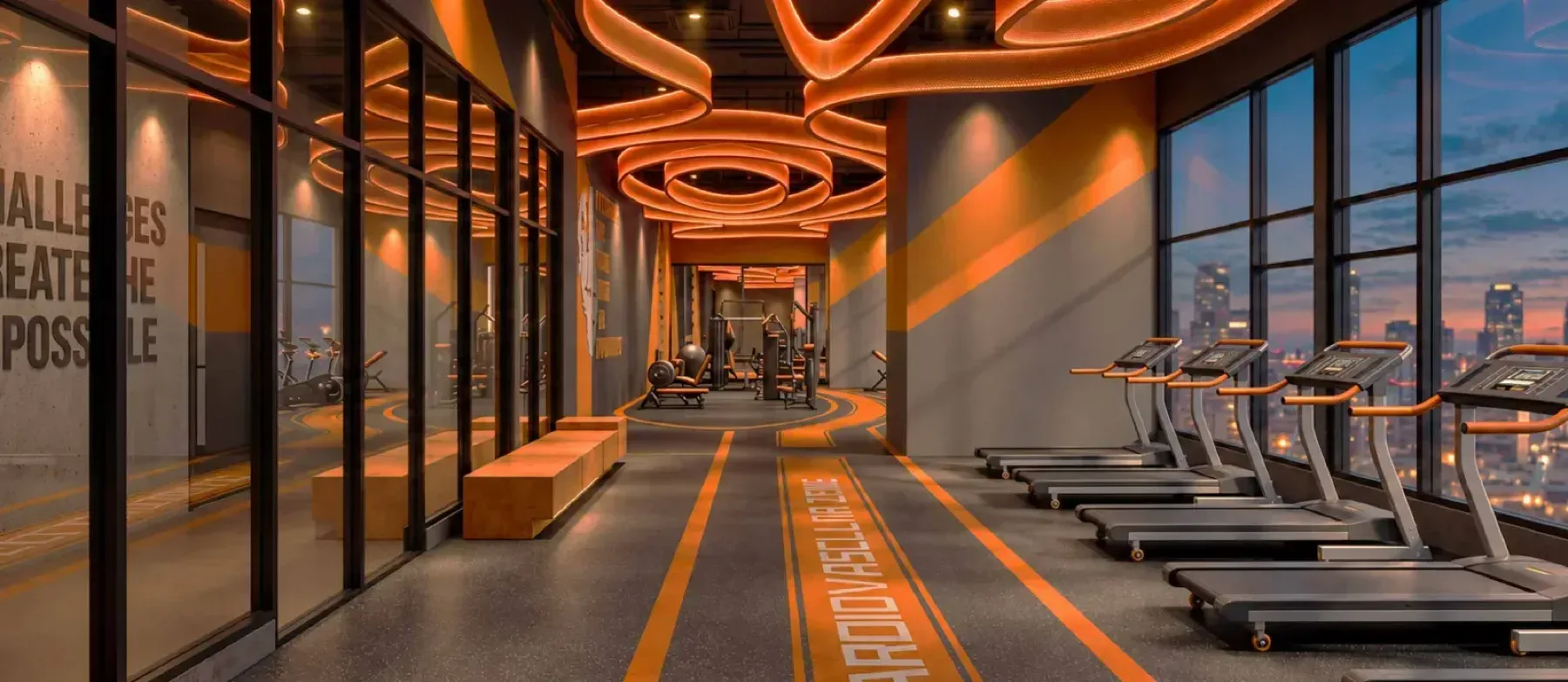 MABA Suitez gymnasium cardio zone with a row of treadmills facing the city skyline, artist's impression