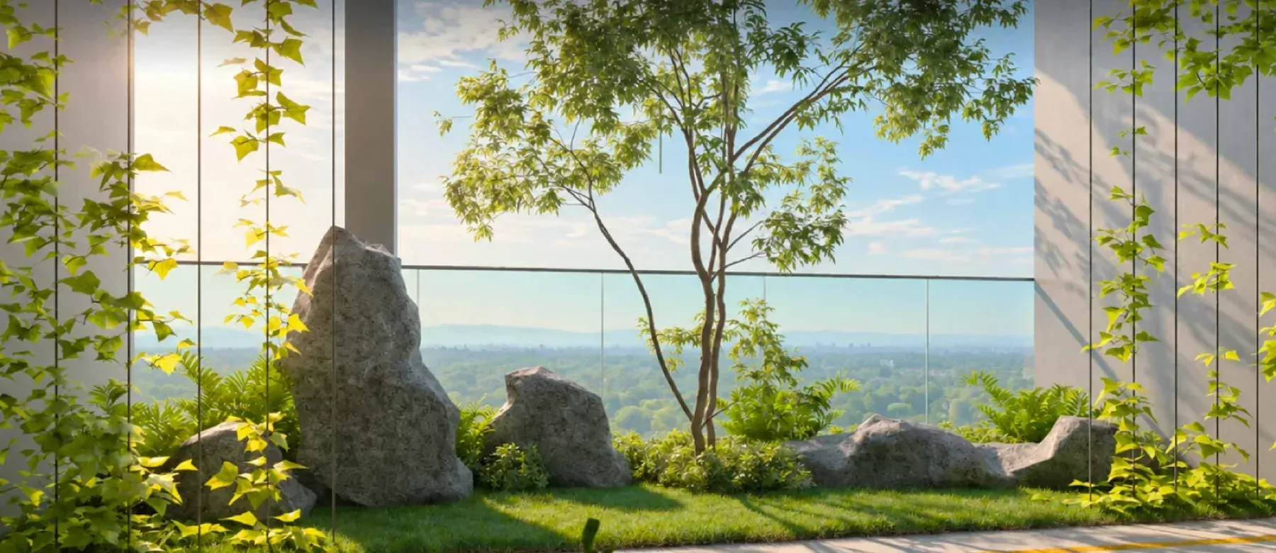 MABA Suitez Tower A hanging garden on Level 53 with feature boulders, trees and a glass balustrade, artist's impression