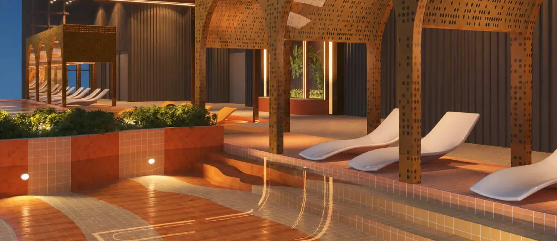 MABA Suitez Tower B kid's pool beside the Level 50 pool deck with loungers under perforated arches, artist's impression