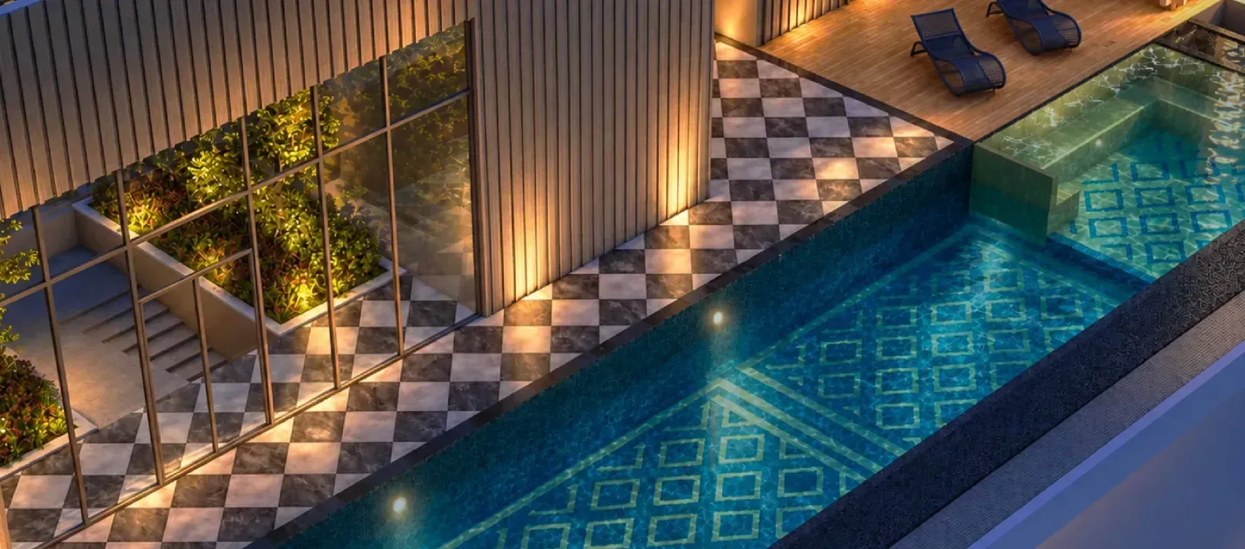 MABA Suitez Tower A sky deck seen from above: luxe pool, jacuzzi and chequered pool deck, artist's impression