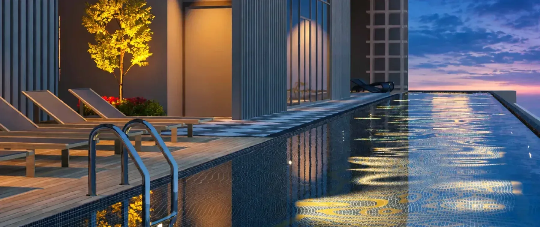 MABA Suitez Tower A luxe pool on the Level 53A sky deck at dusk, with sun loungers on a timber deck, artist's impression