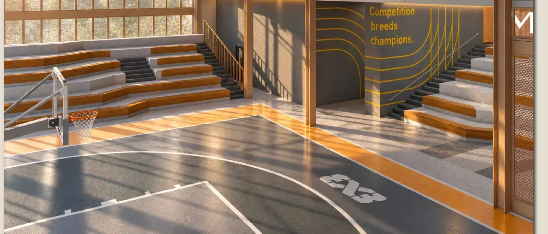 MABA Suitez MABA Court, a 3x3 basketball court with tiered timber seating on the Level 6 podium, artist's impression