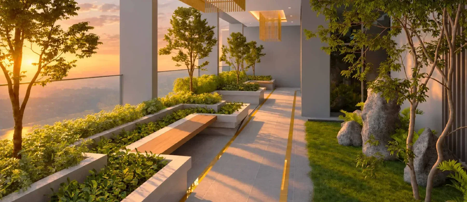 MABA Suitez Tower A sunken lounge on Level 53, timber benches set into planted beds at sunset, artist's impression