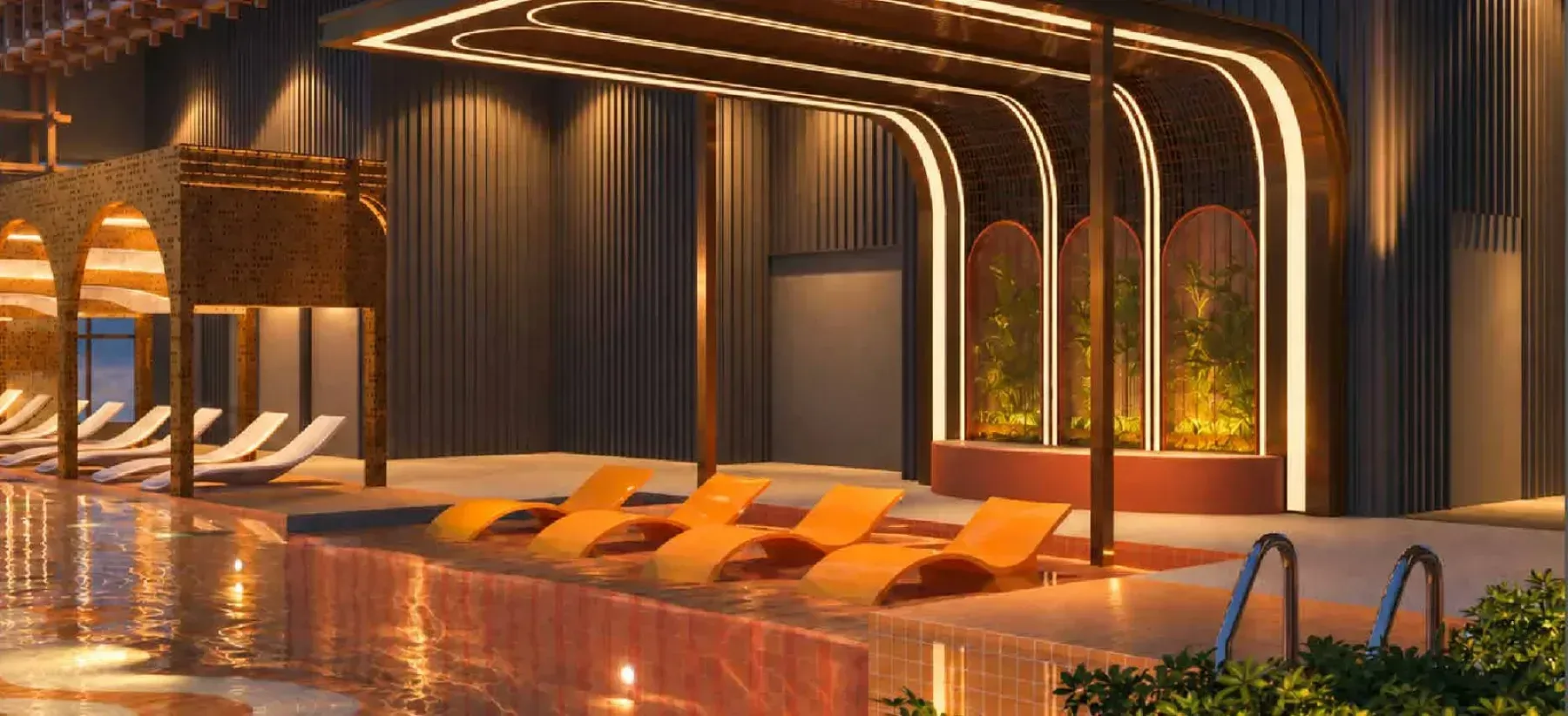 MABA Suitez Tower B sunlit pool on Level 50 with in-water loungers under an arched canopy, artist's impression