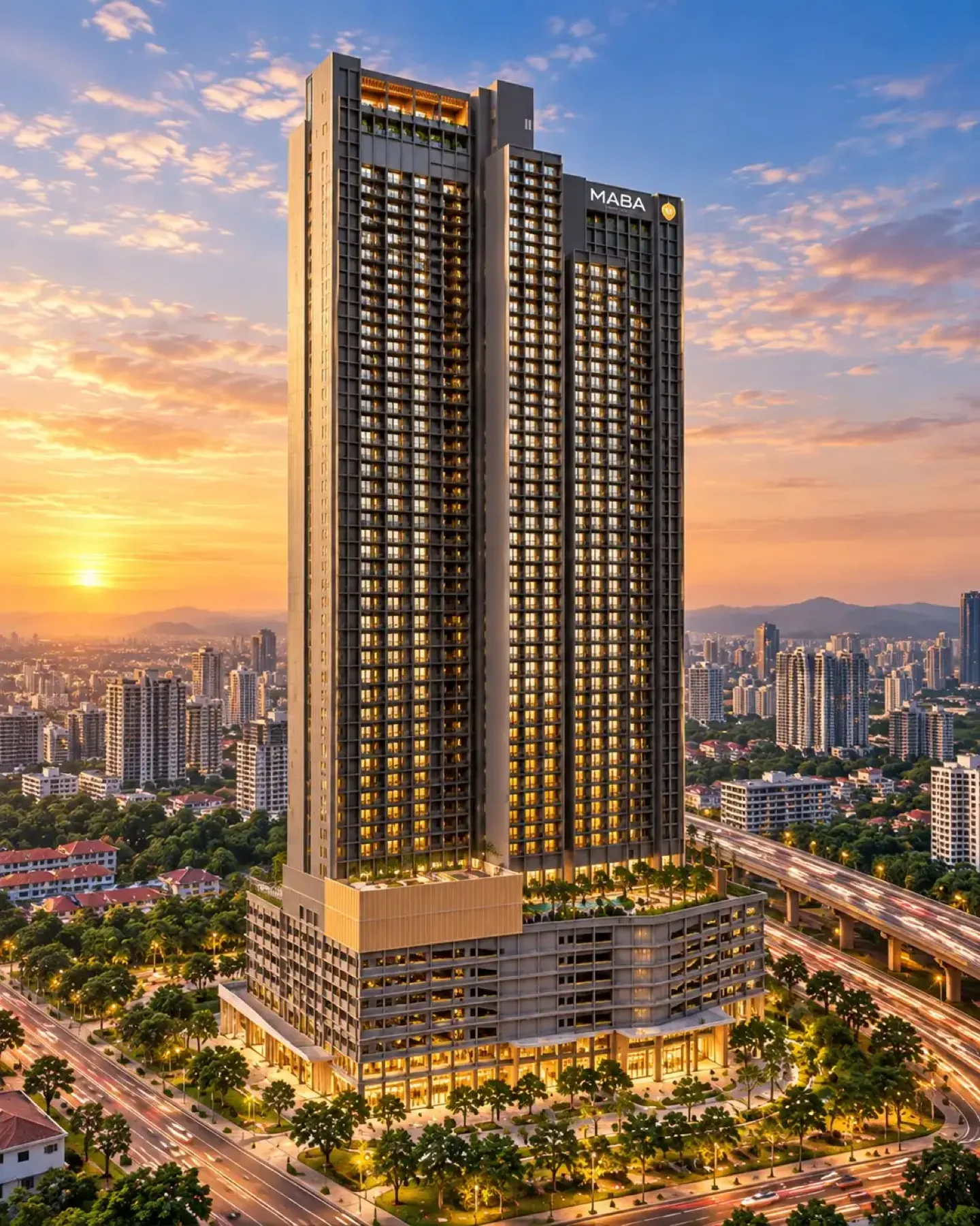 MABA Suitez tower facade and podium at sunset