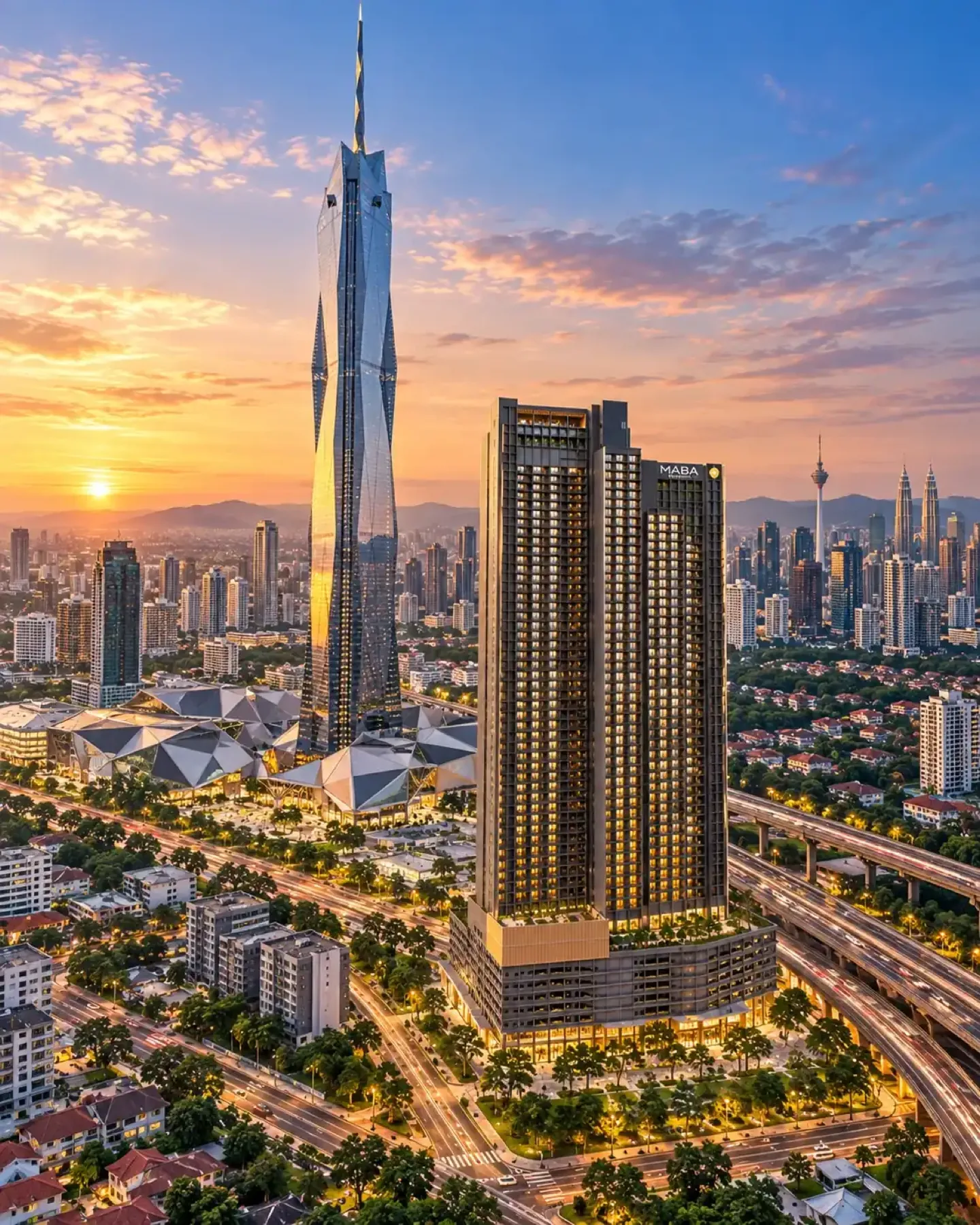 MABA Suitez twin towers beside Merdeka 118 at sunset, Kuala Lumpur
