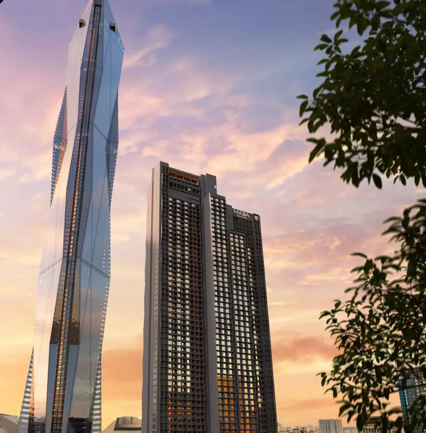 MABA Suitez twin towers on Jalan Hang Jebat beside the Merdeka 118 tower at dusk, artist's impression