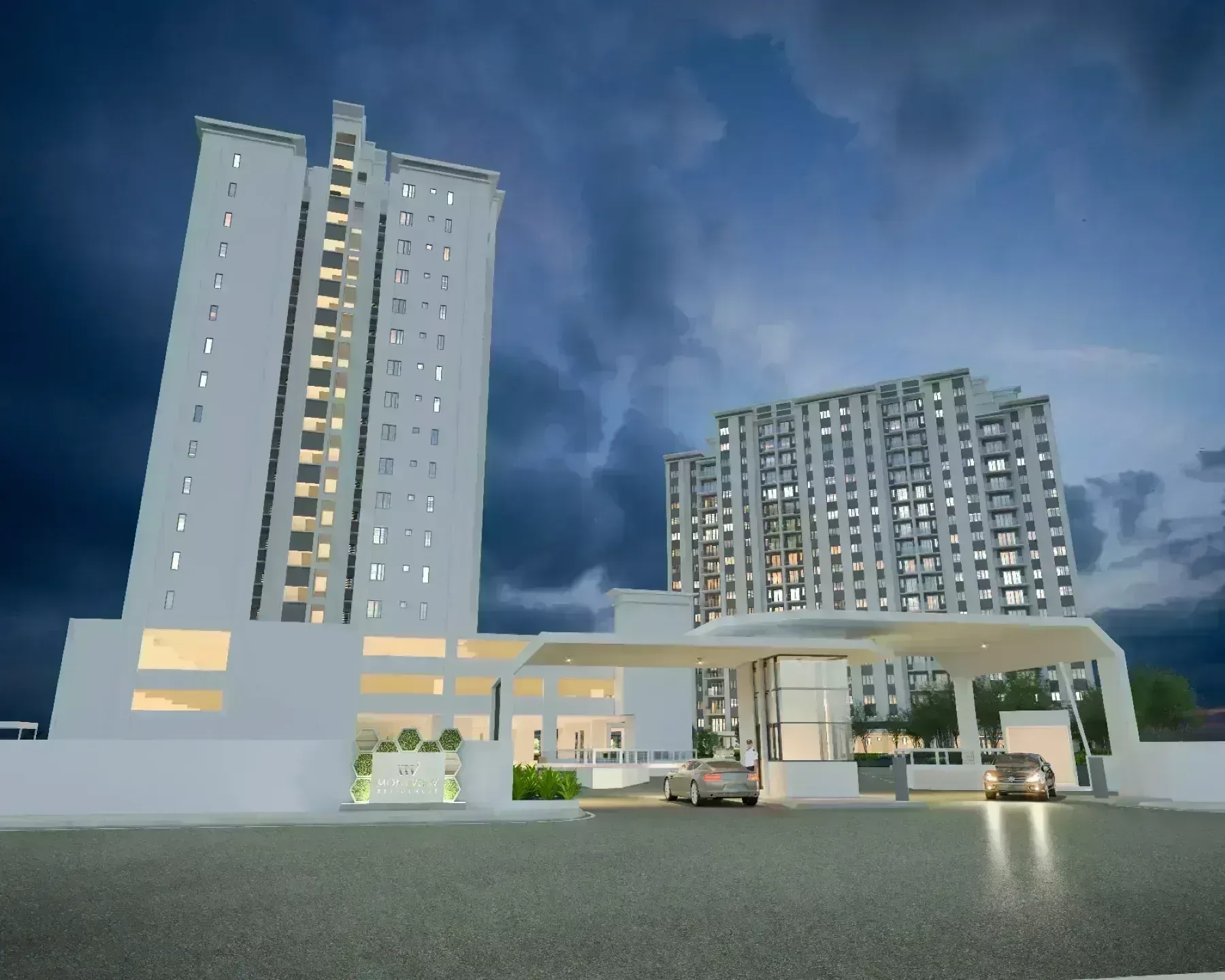 Montview Residences Machang Bubuk artist impression of the three freehold blocks and guardhouse