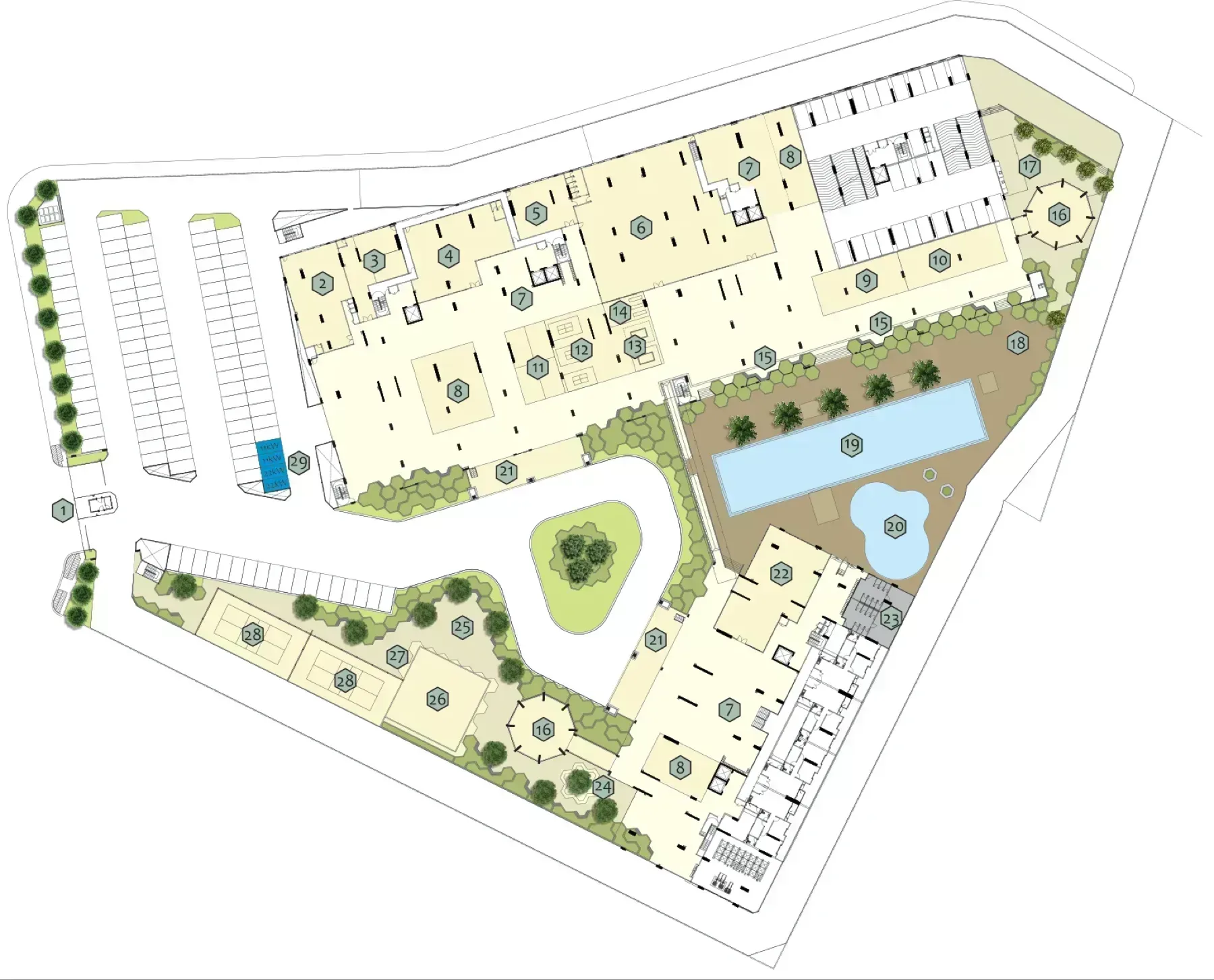 Montview Residences facilities plan with 29 numbered facilities