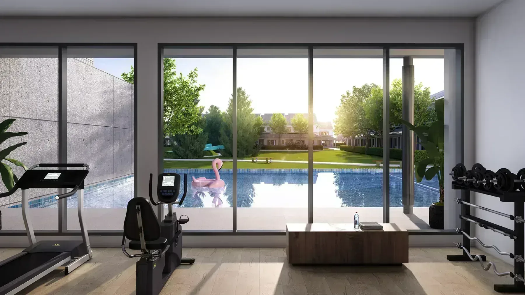 Olive Grove Bercham Ipoh clubhouse gymnasium overlooking the pool