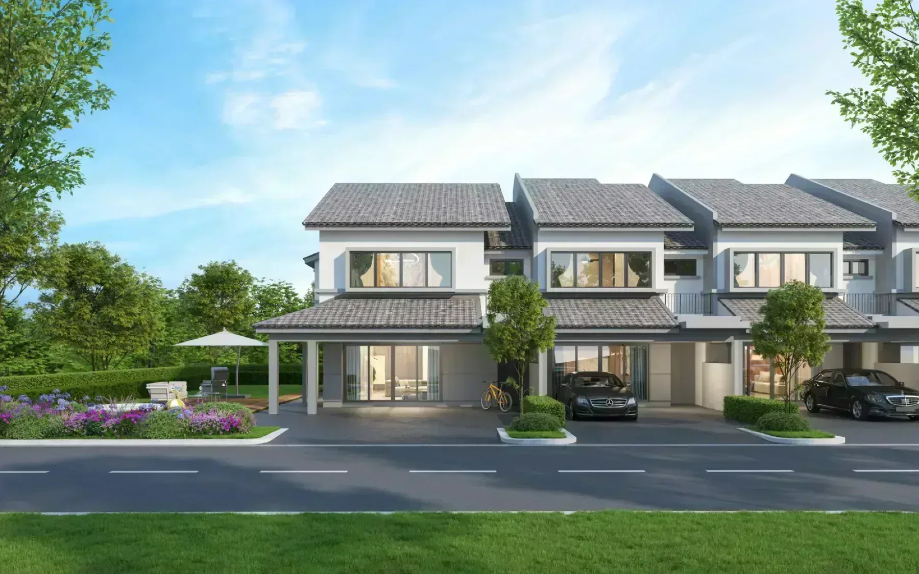 Olive Grove Bercham Ipoh two-storey link house row at dusk
