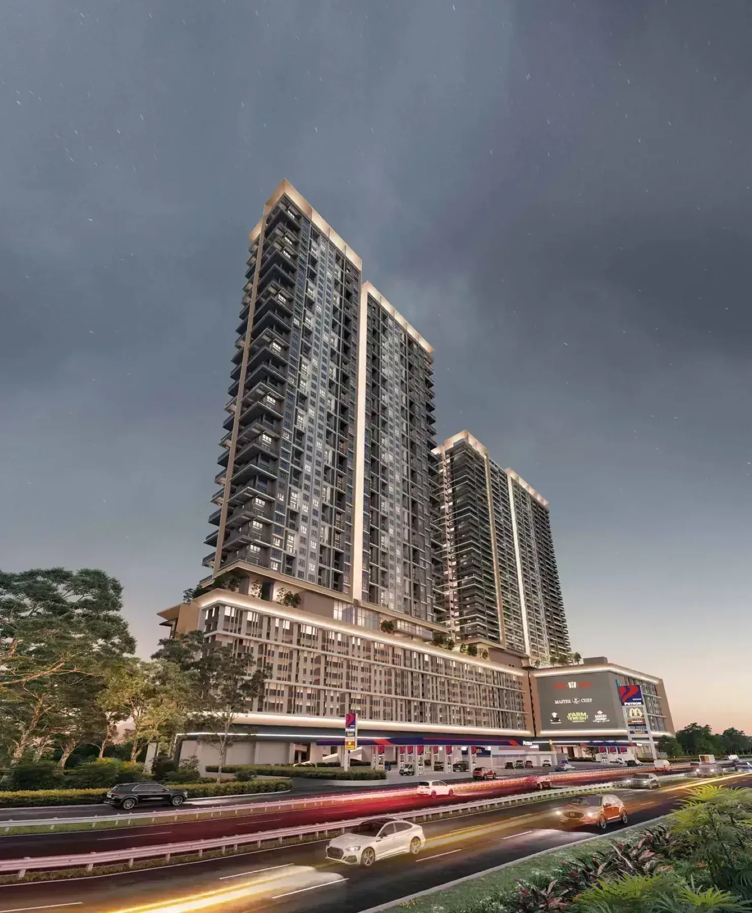 Quaver Residence tower facade at dusk