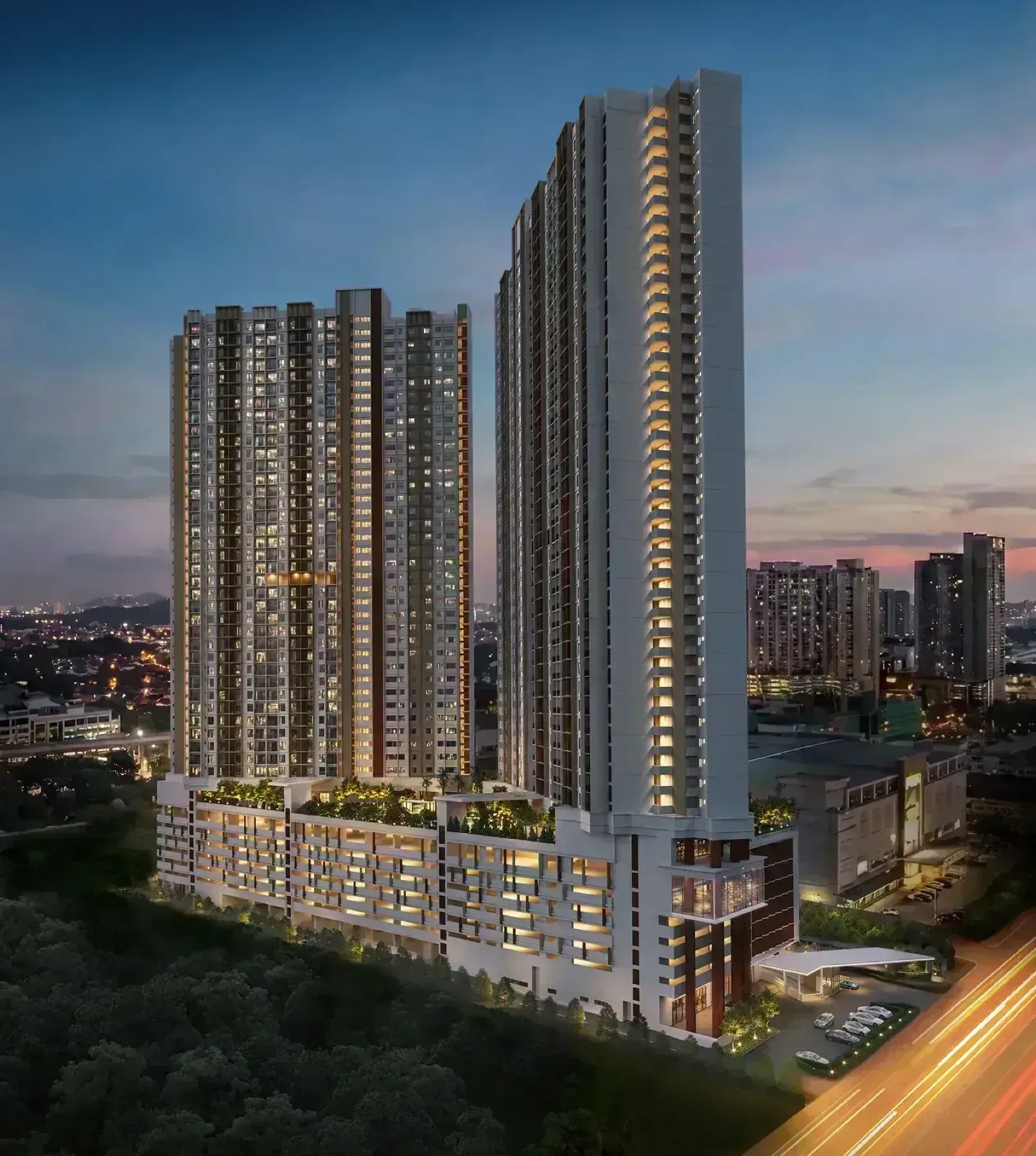 SCP Westfield Residences twin tower facade at dusk