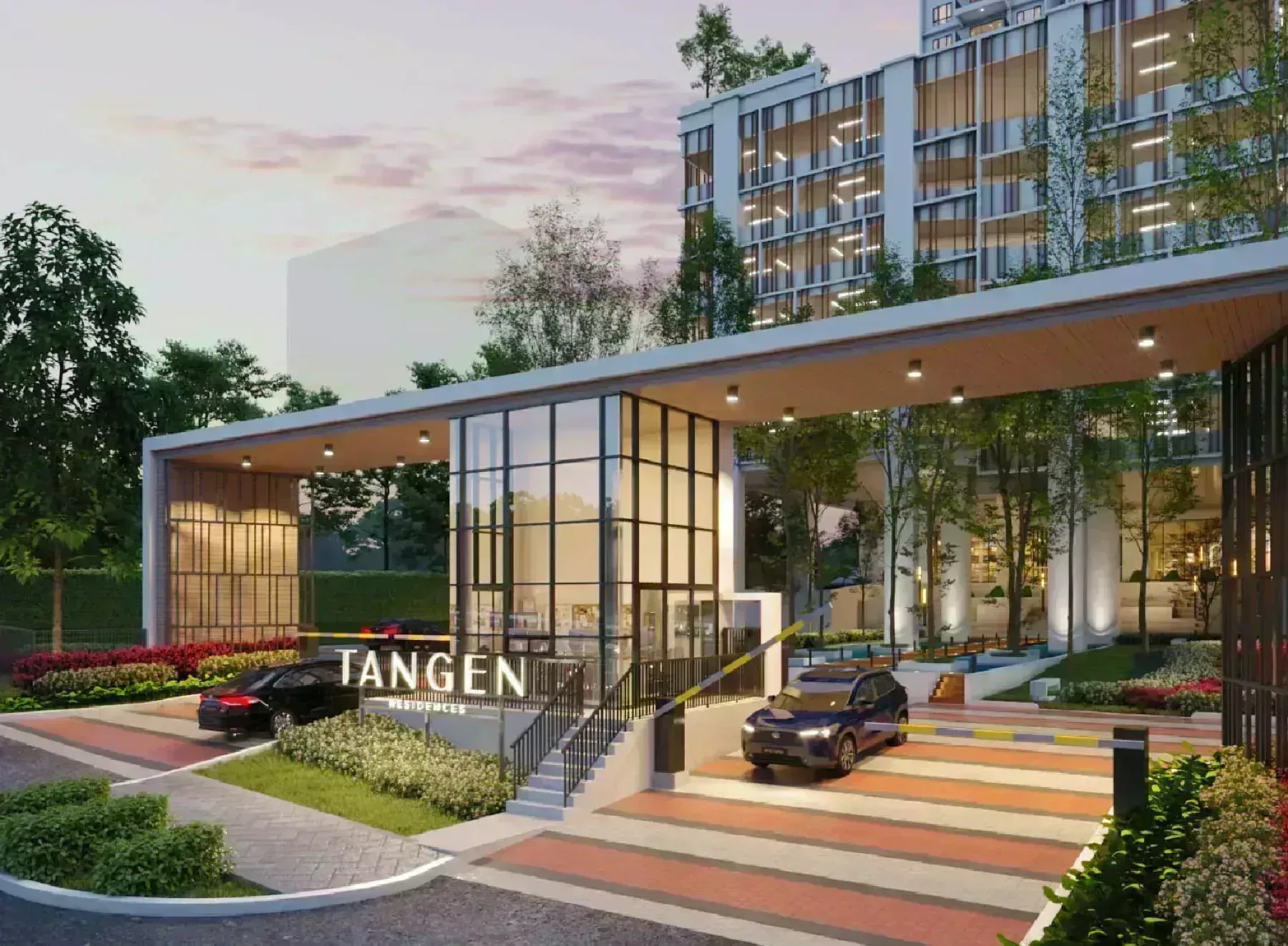 Tangen Residences entrance in the evening