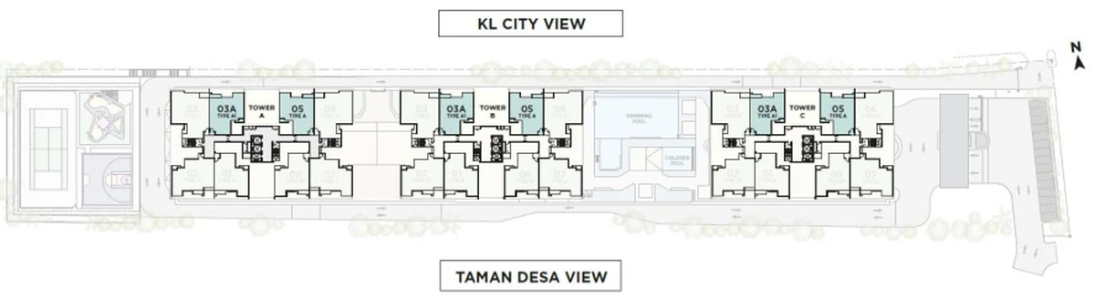 The Atas Taman Desa typical floor plate showing eight units per floor across three towers