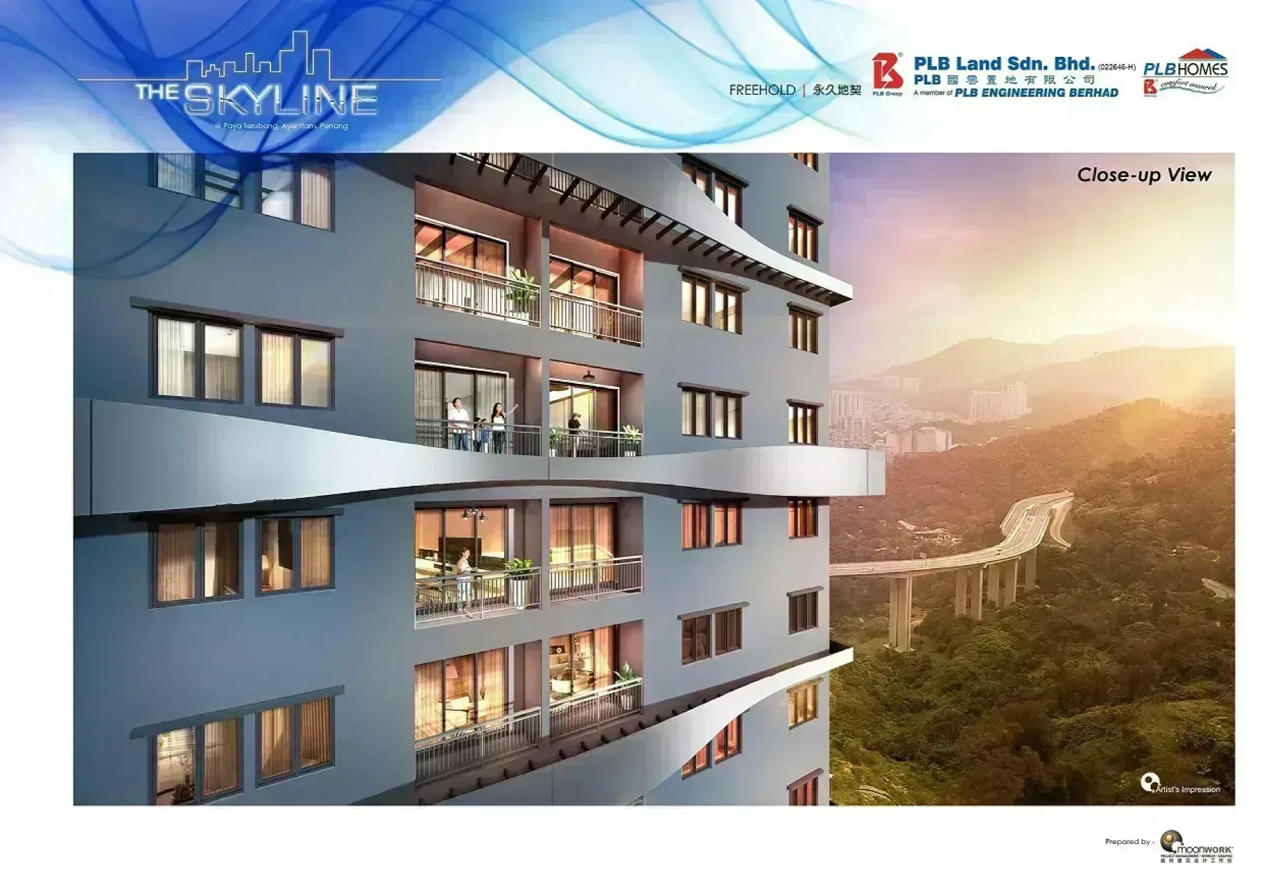 The Skyline facade close-up with the Bukit Kukus paired road beyond