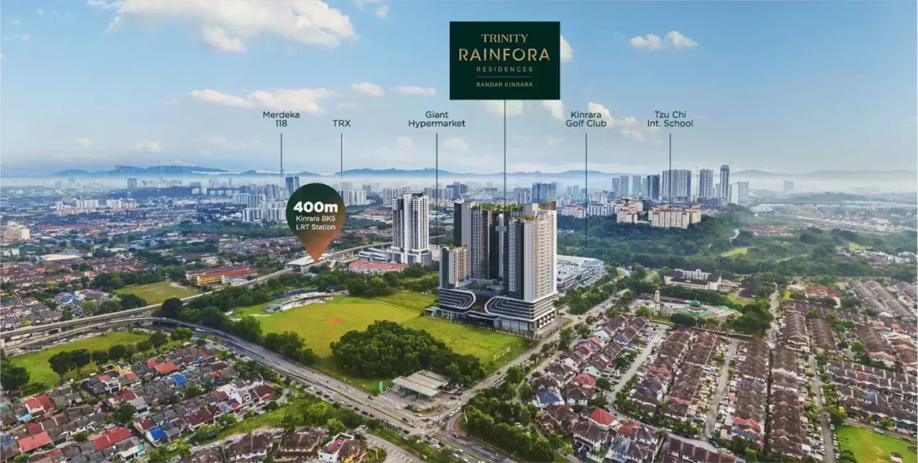 Trinity Rainfora aerial over Bandar Kinrara, 400 m to Kinrara BK5 LRT station