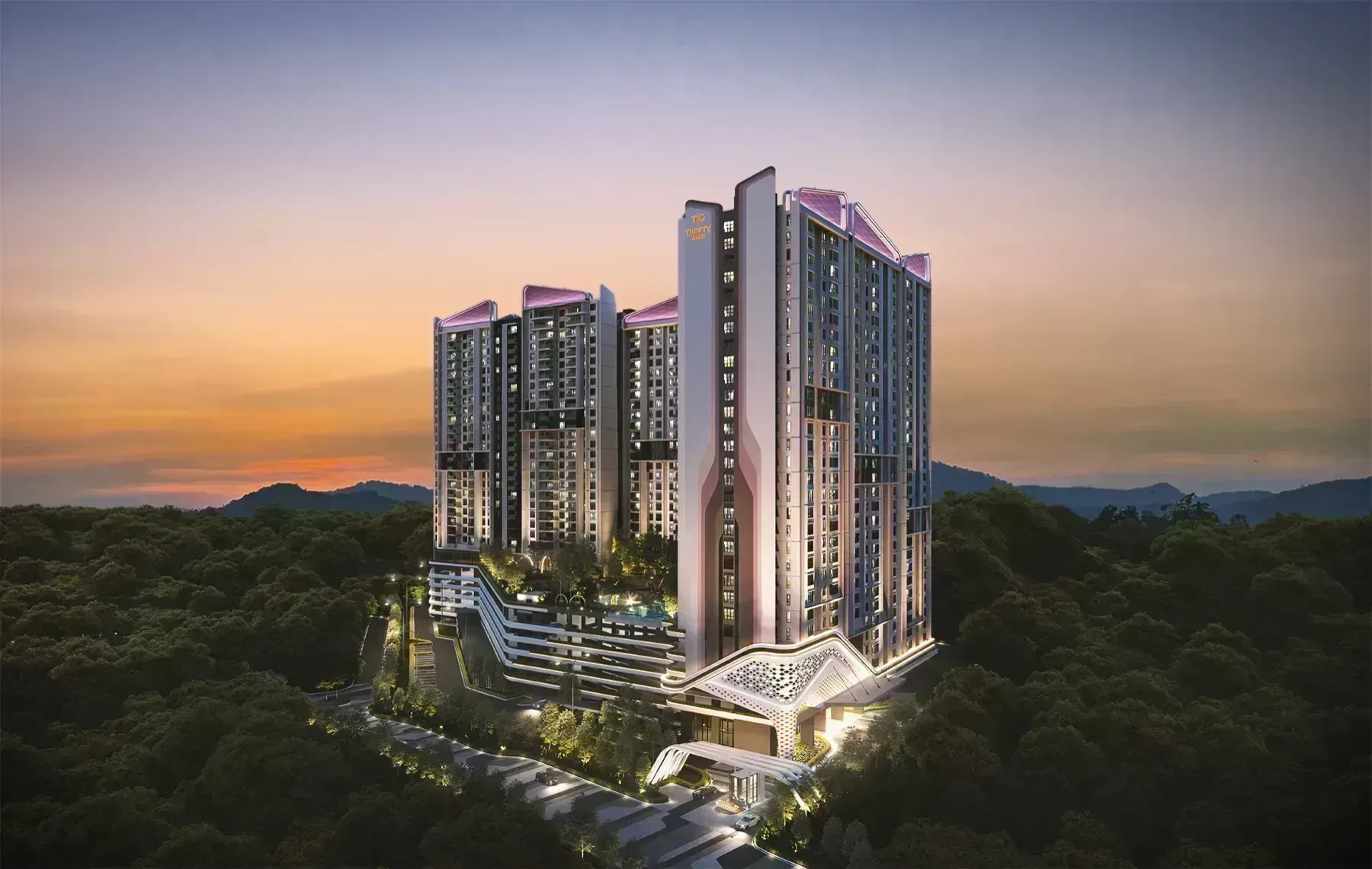 Trinity Rainfora two 31-storey towers at dusk, Bandar Kinrara
