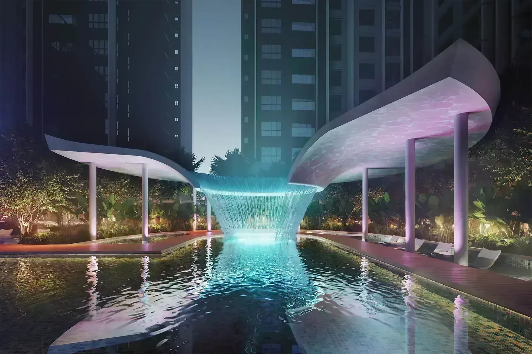 Trinity Rainfora Rainforest Canopy water feature and jacuzzi on the facilities podium